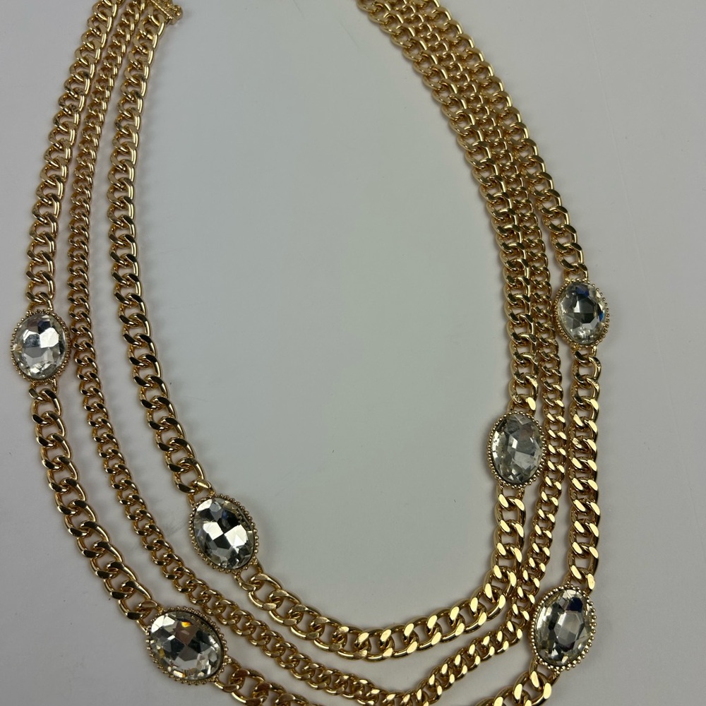 Natasha Elegant Gold 3 Chain Necklace Gem Accents Old Money Vibes 18” - Picture 3 of 6